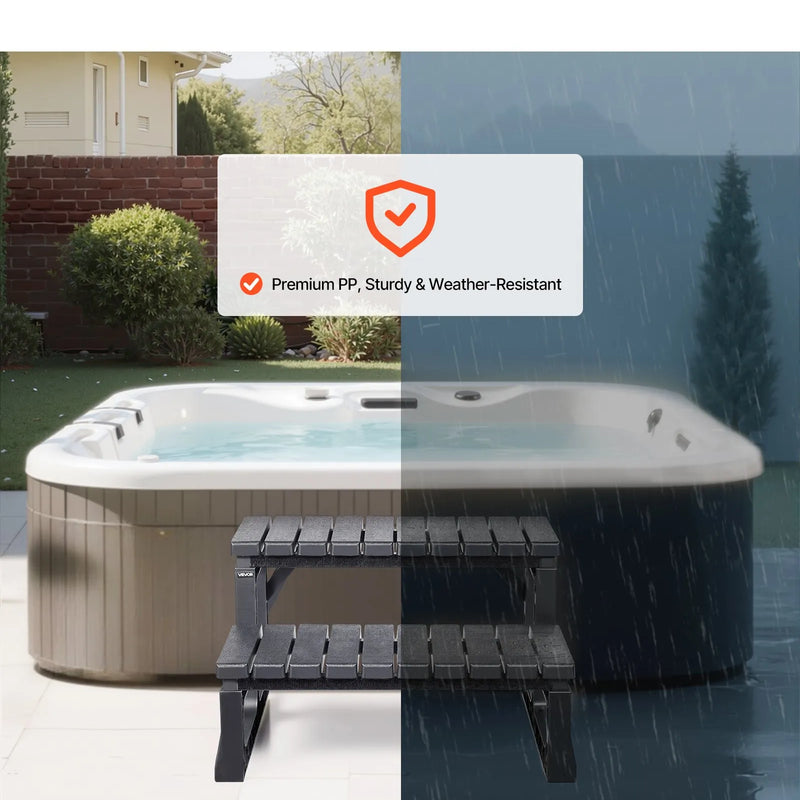 VEVOR karstā baseina pakāpieni, 2 pakāpienu āra SPA kāpnes, pastiprinātas PP kāpnes virszemes un piepūšamiem baseiniem, platums 599,5 mm, kravnesība līdz 145,2 kg, daudzfunkcionālas lietošanai uz lieveņa, terases, klāja un kemperos, melnas