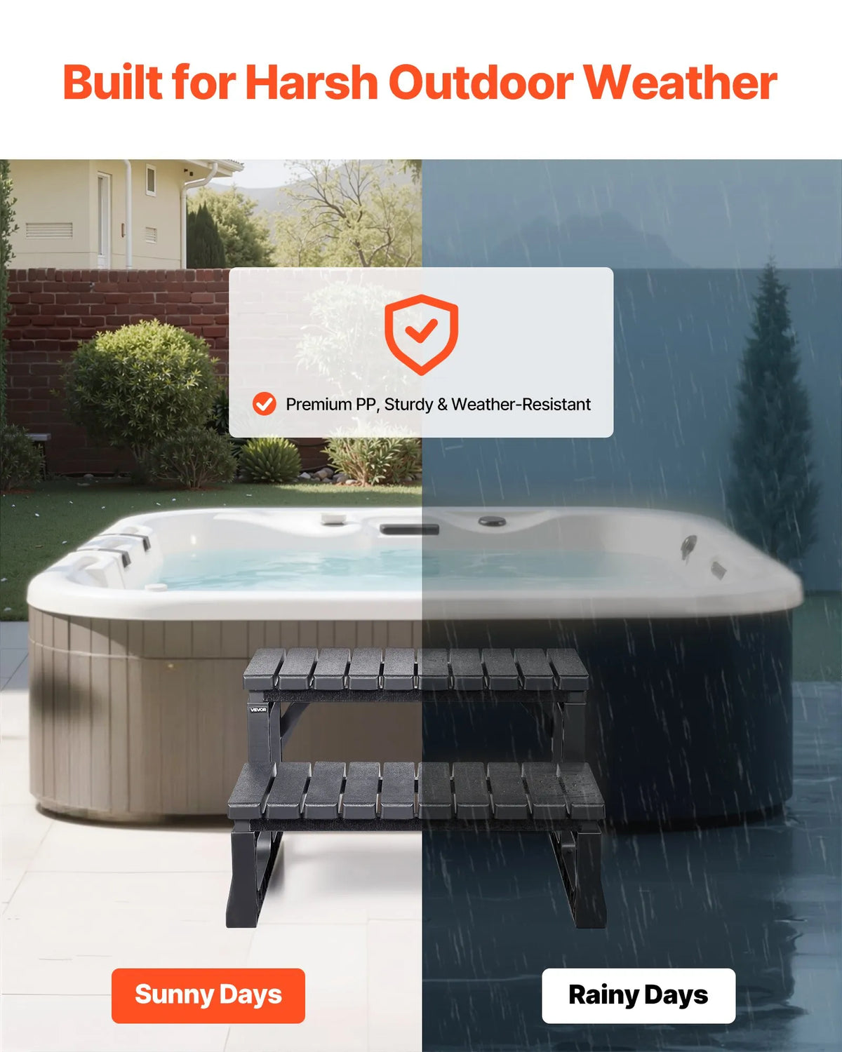 VEVOR Hot Tub Steps, 2-Step Outdoor SPA Stairs, Reinforced PP Steps for Above-Ground and Inflatable Pools, Width 599.5 mm, Weight Capacity up to 145.2 kg, Multipurpose for Patio, Terrace, Deck and Camping, Black
