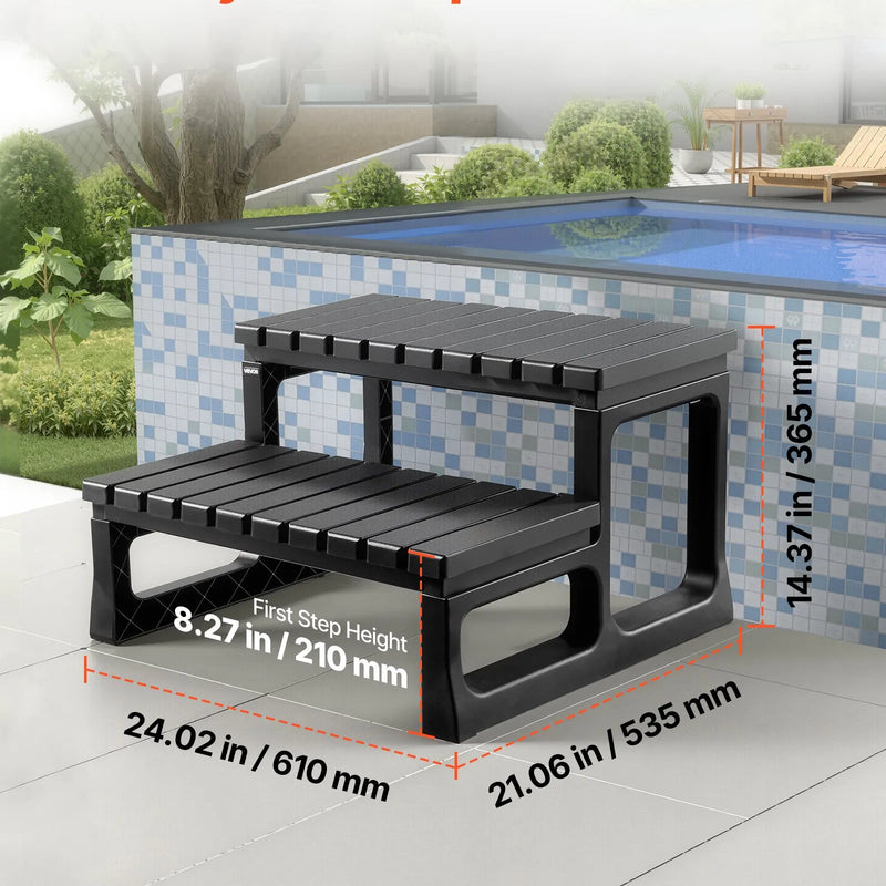 VEVOR karstā baseina pakāpieni, 2 pakāpienu āra SPA kāpnes, pastiprinātas PP kāpnes virszemes un piepūšamiem baseiniem, platums 599,5 mm, kravnesība līdz 145,2 kg, daudzfunkcionālas lietošanai uz lieveņa, terases, klāja un kemperos, melnas
