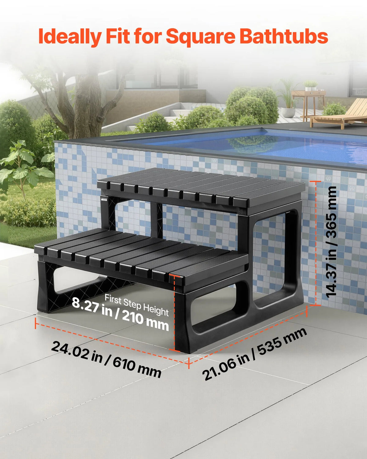 VEVOR Hot Tub Steps, 2-Step Outdoor SPA Stairs, Reinforced PP Steps for Above-Ground and Inflatable Pools, Width 599.5 mm, Weight Capacity up to 145.2 kg, Multipurpose for Patio, Terrace, Deck and Camping, Black