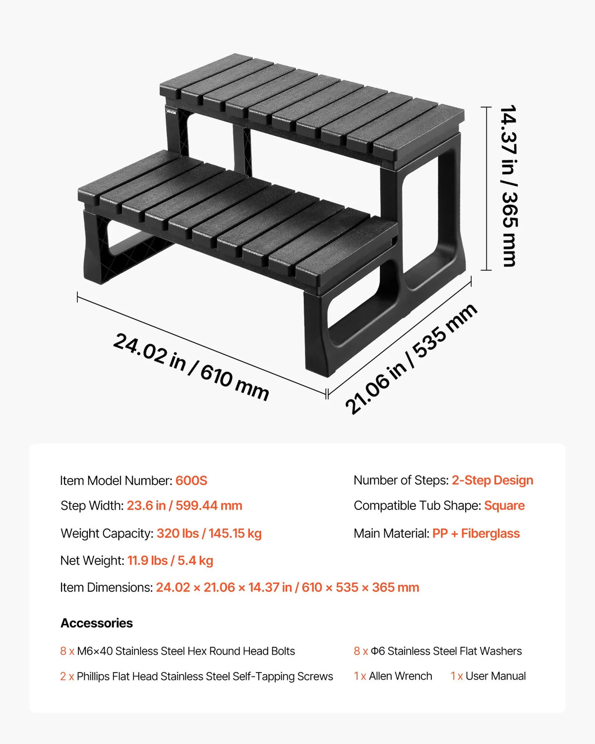 VEVOR Hot Tub Steps, 2-Step Outdoor SPA Stairs, Reinforced PP Steps for Above-Ground and Inflatable Pools, Width 599.5 mm, Weight Capacity up to 145.2 kg, Multipurpose for Patio, Terrace, Deck and Camping, Black