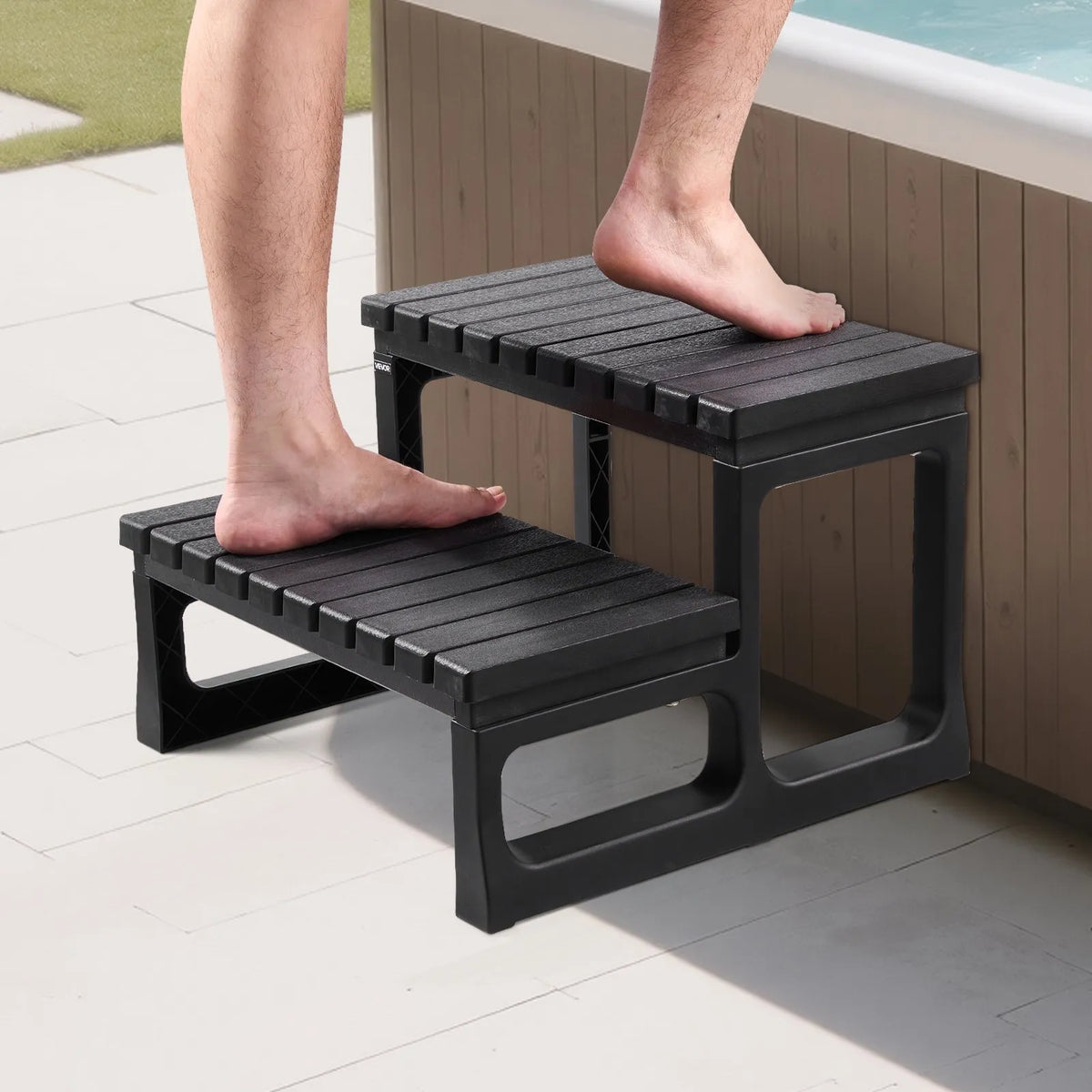 VEVOR Hot Tub Steps, 2-Step Outdoor SPA Stairs, Reinforced PP Steps for Above-Ground and Inflatable Pools, Width 599.5 mm, Weight Capacity up to 145.2 kg, Multipurpose for Patio, Terrace, Deck and Camping, Black