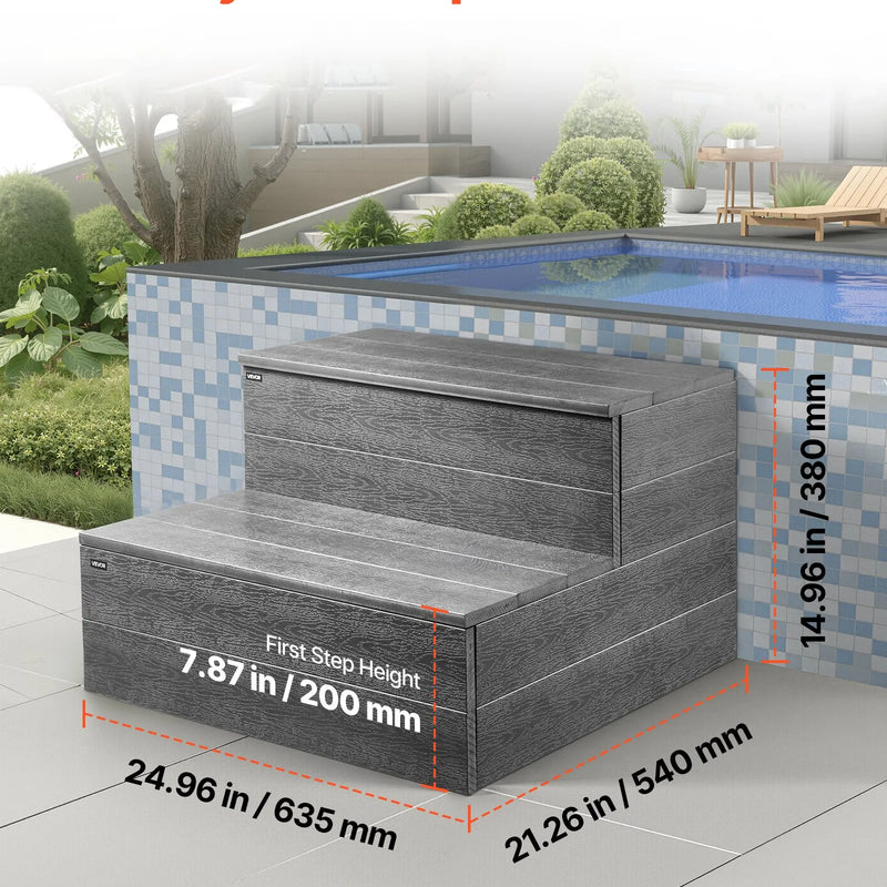 VEVOR burbuļvannas pakāpieni, 2 pakāpieni, ārējie spa kāpnes, pastiprinātas 635 mm platas HIPS kāpnes virszemes / piepūšamiem baseiniem ar 272,2 kg slodzes kapacitāti, daudzfunkcionālas terasēm, klājiem, kemperiem, grafīta pelēkā krāsā