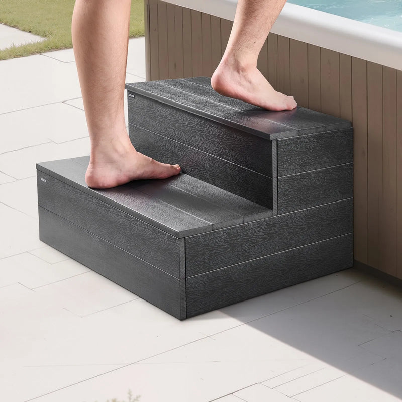VEVOR burbuļvannas pakāpieni, 2 pakāpieni, ārējie spa kāpnes, pastiprinātas 635 mm platas HIPS kāpnes virszemes / piepūšamiem baseiniem ar 272,2 kg slodzes kapacitāti, daudzfunkcionālas terasēm, klājiem, kemperiem, grafīta pelēkā krāsā
