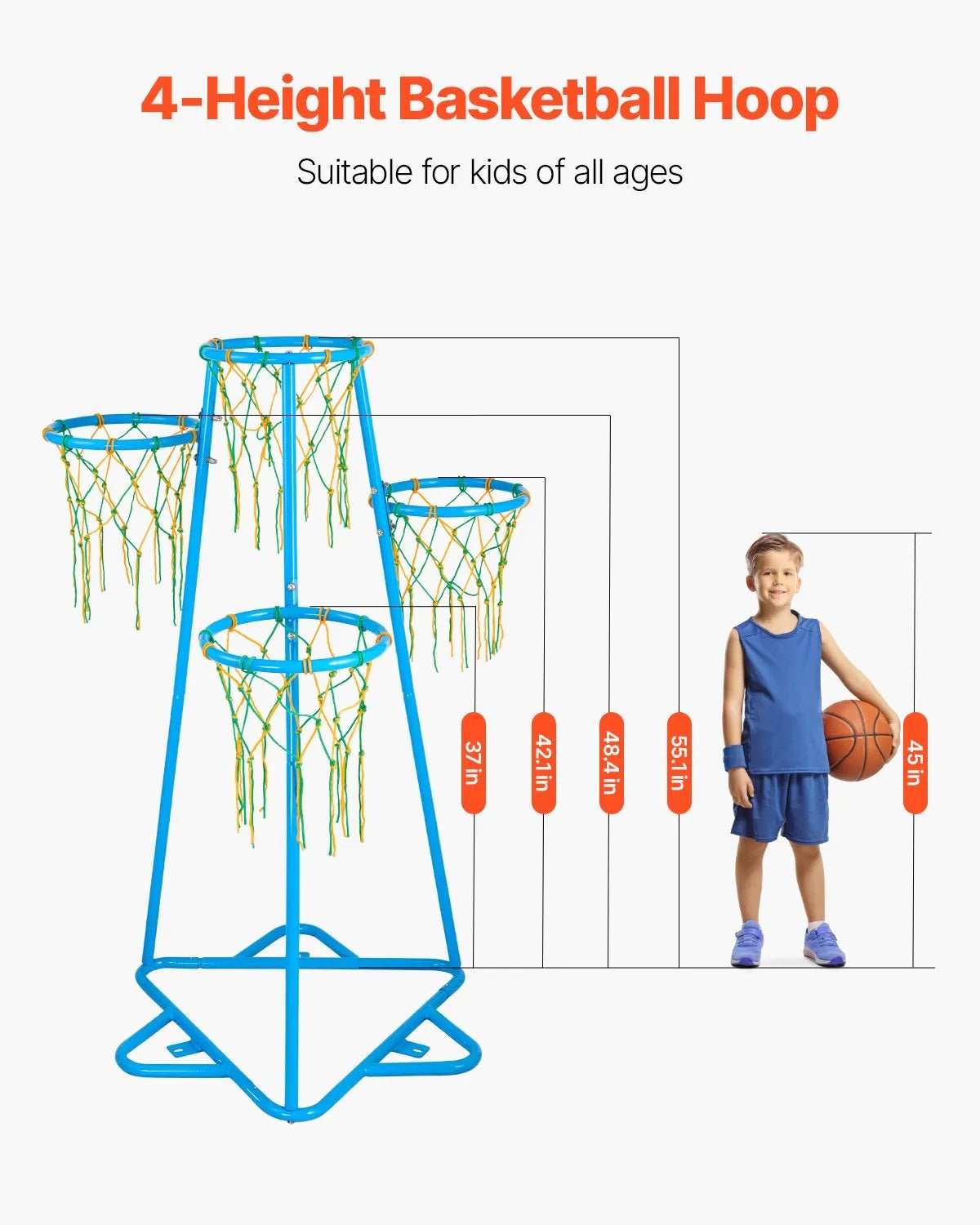 VEVOR Bērnu basketbola statīvs ar 4 groziem, pārnēsājams ar regulējamu augstumu un 3 bumbām, iekštelpām un ārtelpām, piemērots dažāda vecuma bērniem - ZEMLETES.LV