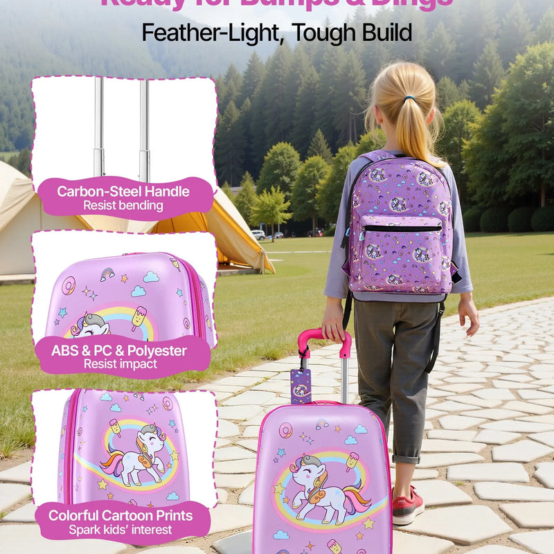 VEVOR bērnu ceļojumu bagāžas komplekts, 5 daļas, 45,7 cm cietās konstrukcijas koferis ar ritentiņiem, mugursoma un U veida kakla spilvens, vienradža dizains, rokas bagāža, piemērots aviopārvadājumiem