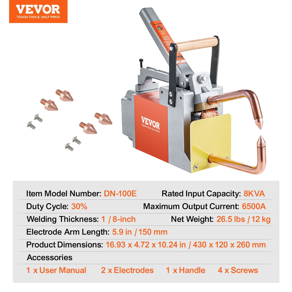 VEVOR DN-100E pārnēsājams punktmetinātājs 8 kVA ar 6500 A strāvu metāla lokšņu metināšanai
