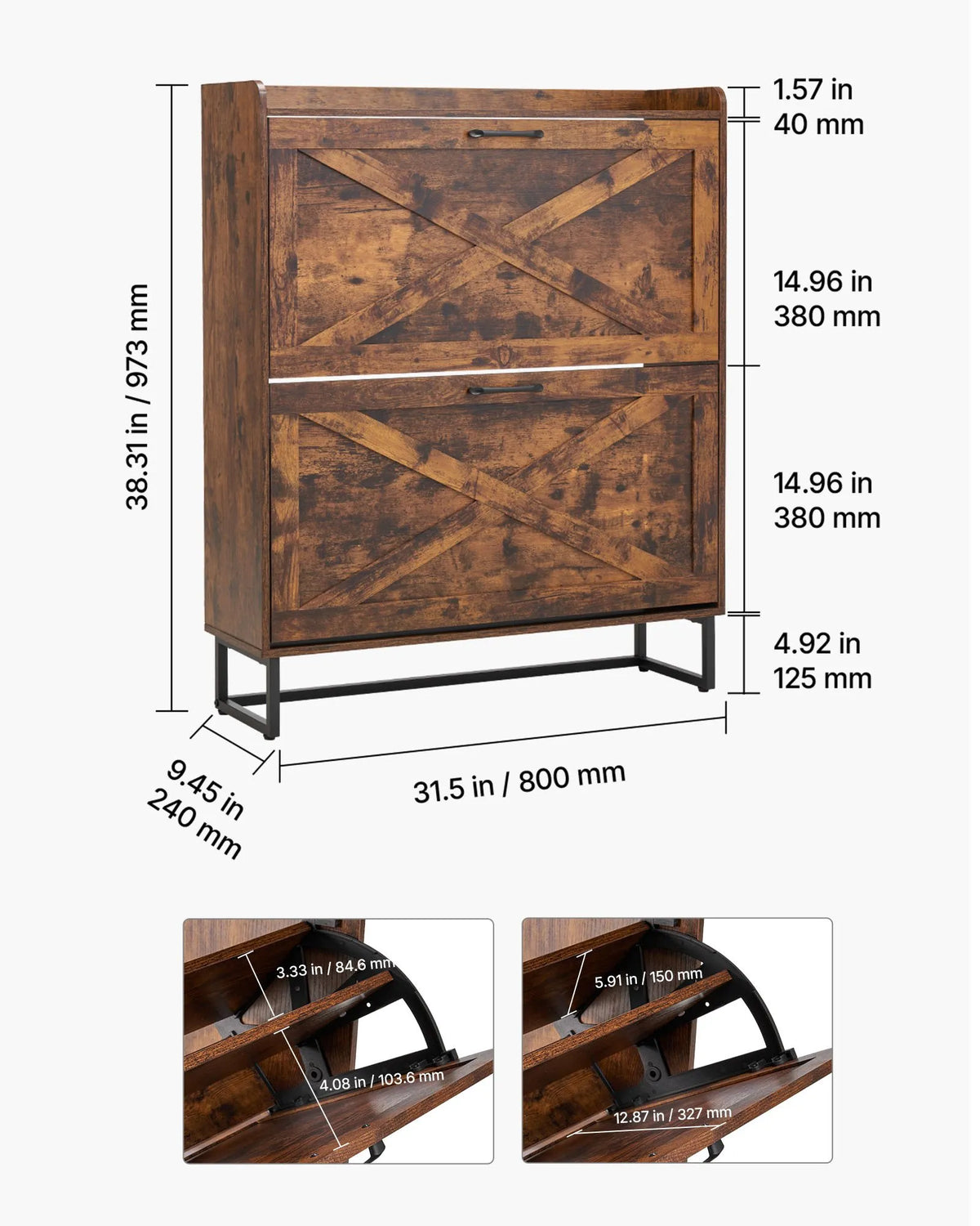 VEVOR apavu skapis ar 2 atveramām atvilktnēm, lauku stila, ar metāla kājām, brūns, 80 × 24 × 97,3 cm