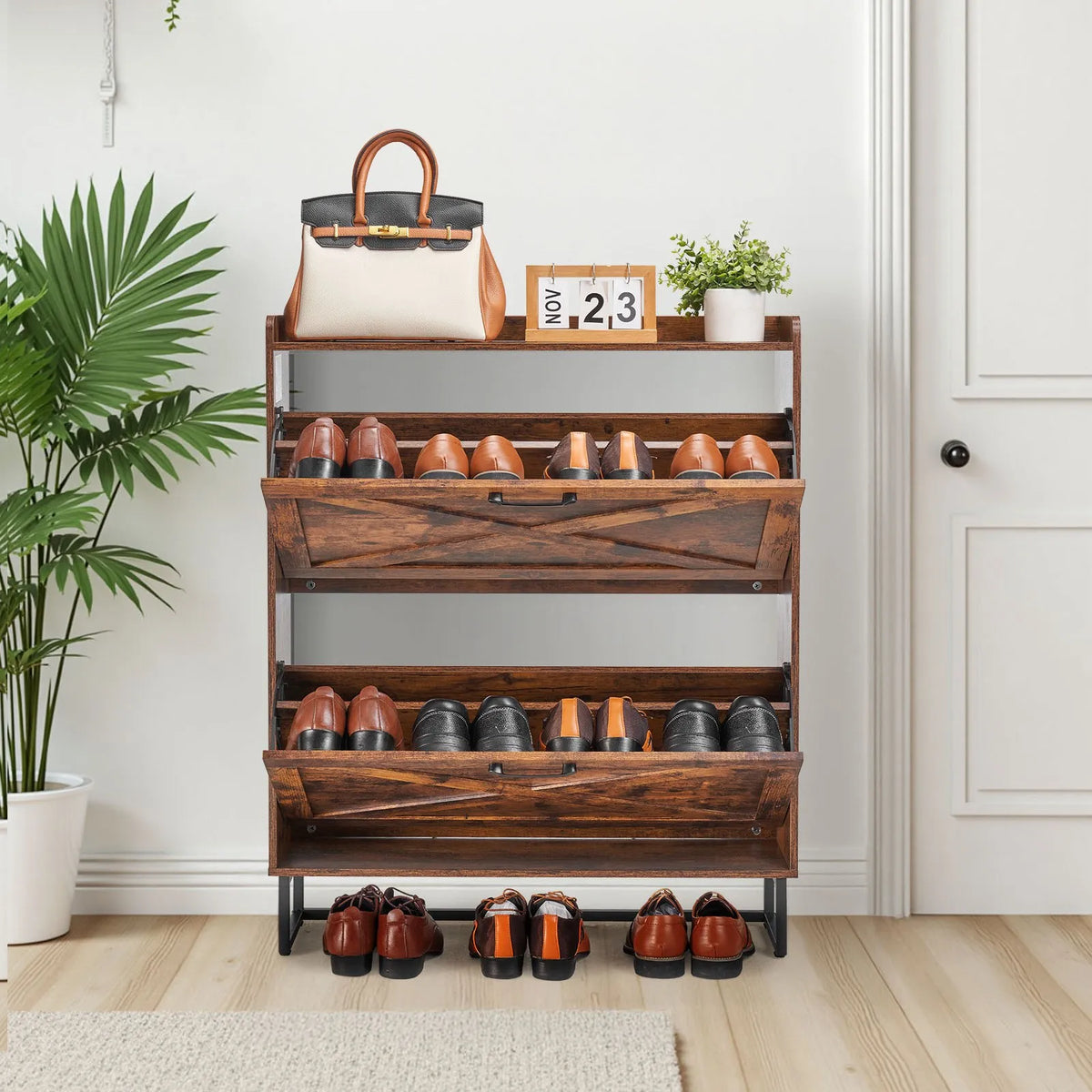 VEVOR apavu skapis ar 2 atveramām atvilktnēm, lauku stila, ar metāla kājām, brūns, 80 × 24 × 97,3 cm