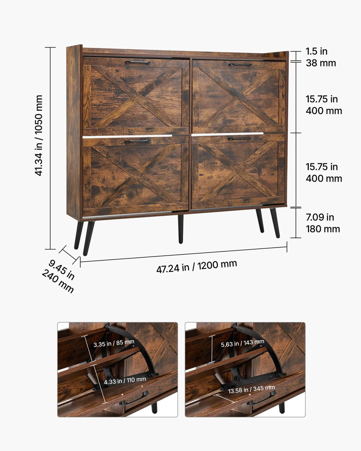 VEVOR apavu skapis ar 4 atveramām atvilktnēm, lauku stila, brūns, 120 × 24 × 105 cm