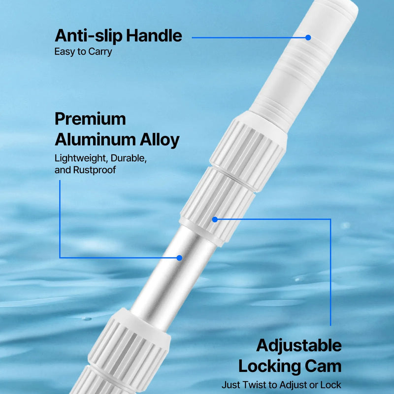 VEVOR Teleskopiskais baseina kāts 1–4,6 m, profesionāls regulējams tīrīšanas kāts ar 2 pagarinājuma sekcijām, pastiprināts turētājs tīkliņam, birstei un putekļsūcēja uzgalim