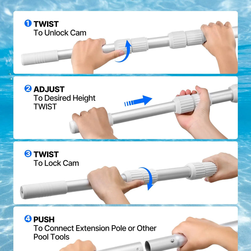 VEVOR Teleskopiskais baseina kāts 1–4,6 m, profesionāls regulējams tīrīšanas kāts ar 2 pagarinājuma sekcijām, pastiprināts turētājs tīkliņam, birstei un putekļsūcēja uzgalim