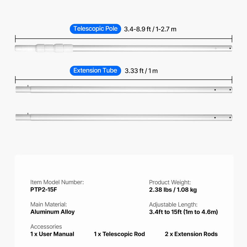 VEVOR Teleskopiskais baseina kāts 1–4,6 m, profesionāls regulējams tīrīšanas kāts ar 2 pagarinājuma sekcijām, pastiprināts turētājs tīkliņam, birstei un putekļsūcēja uzgalim