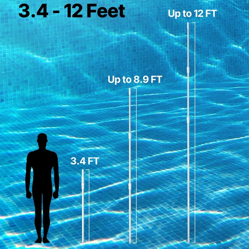 VEVOR Teleskopiskais baseina kāts, regulējams 1–3,65 m, profesionāls pagarināms tīrīšanas kāts ar pagarinājumu, izturīgs rokturis sietam, grābeklim, birstei un vakuuma uzgalim