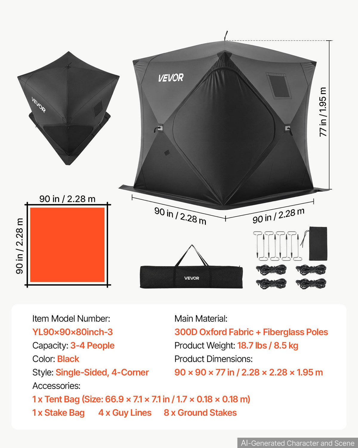 VEVOR zemledus makšķerēšanas telts 3–4 personām, 2,28 × 2,28 × 1,95 m, 5,39 m², 300D Oxford audums, ātri uzstādāma ziemas telts ar enkuriem, trosēm un pārnēsāšanas somu, melna