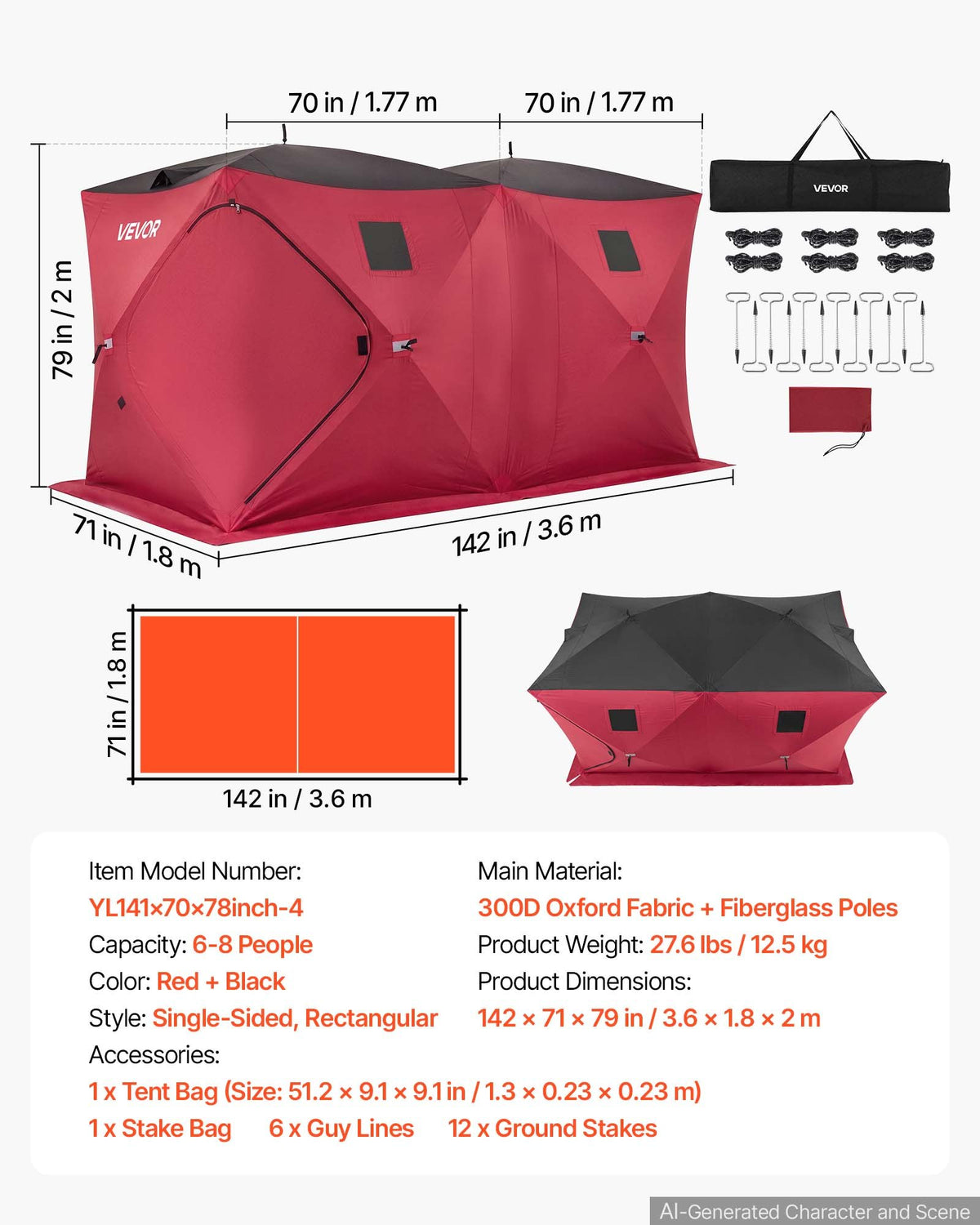 VEVOR zemledus makšķerēšanas telts 6–8 personām, 3,6 × 1,8 × 2 m, 6,27 m², ātri uzstādāma ar 300D Oxford audumu, enkuriem, trosēm un pārnēsāšanas somu, sarkana/melna