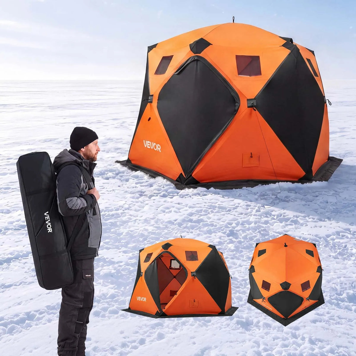 VEVOR uznirstošā ziemas makšķerēšanas telts 6–8 personām, 3,47 × 1,74 × 2,3 m, siltināta, ar 4 slāņu 600D Oxford audumu