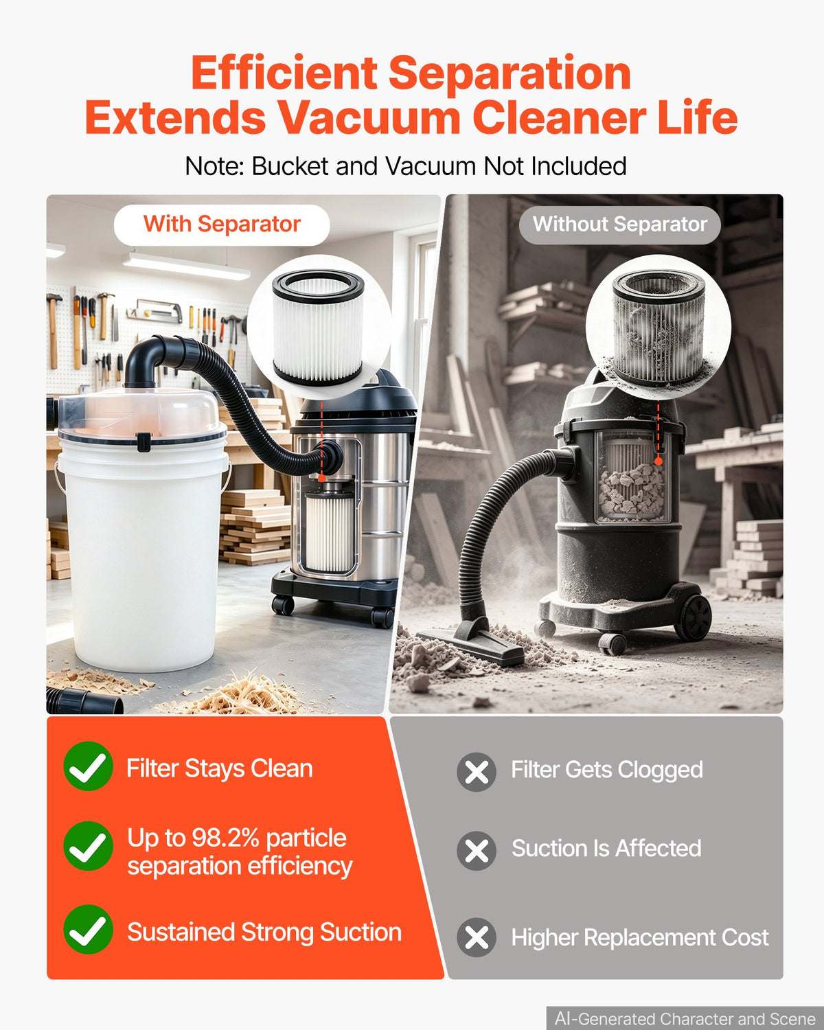 VEVOR ciklona putekļu separators putekļsūcējam, 50,8–63,5 mm, ar 90 cm šļūteni un leņķa adapteri, caurspīdīgs, 19 l spaiņiem