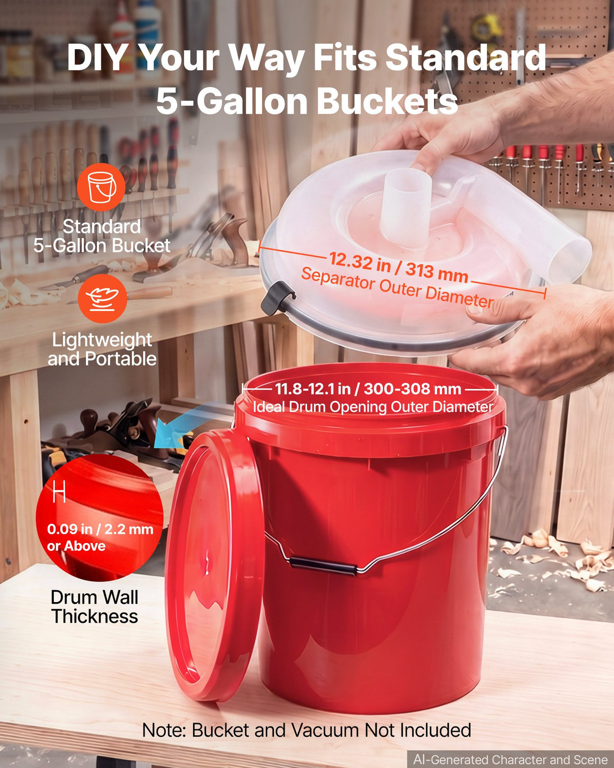 VEVOR ciklona putekļu separators putekļsūcējam, 50,8–63,5 mm, ar 90 cm šļūteni un leņķa adapteri, caurspīdīgs, 19 l spaiņiem