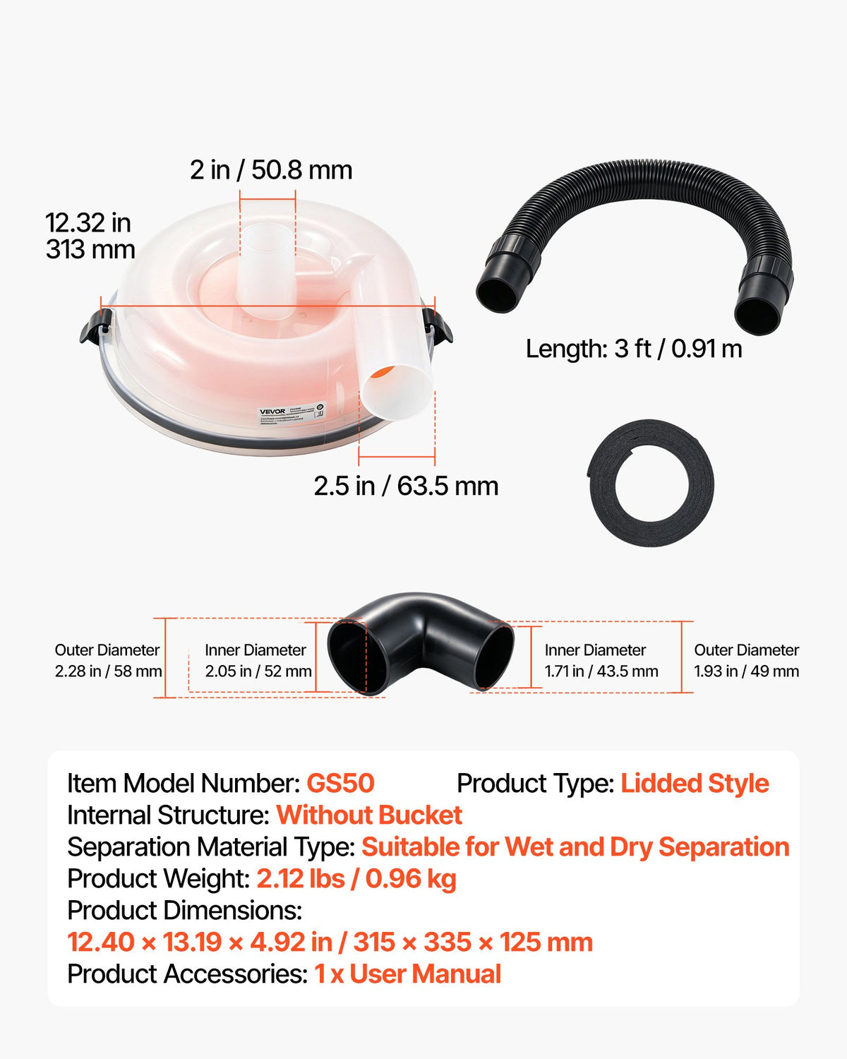 VEVOR ciklona putekļu separators putekļsūcējam, 50,8–63,5 mm, ar 90 cm šļūteni un leņķa adapteri, caurspīdīgs, 19 l spaiņiem