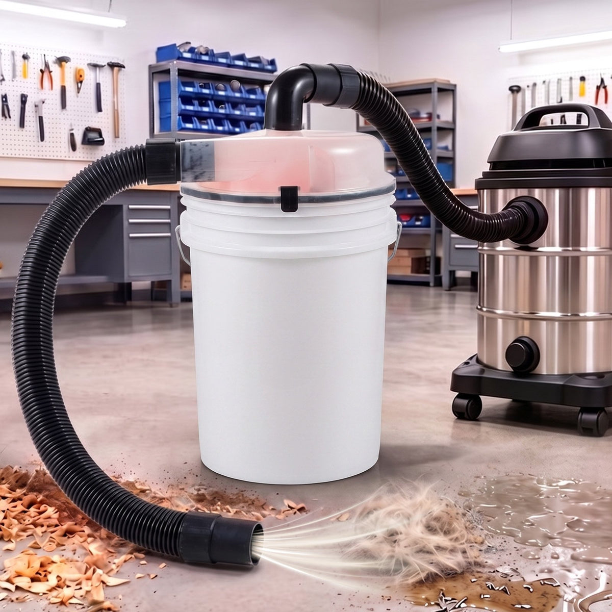 VEVOR ciklona putekļu separators putekļsūcējam, 50,8–63,5 mm, ar 90 cm šļūteni un leņķa adapteri, caurspīdīgs, 19 l spaiņiem