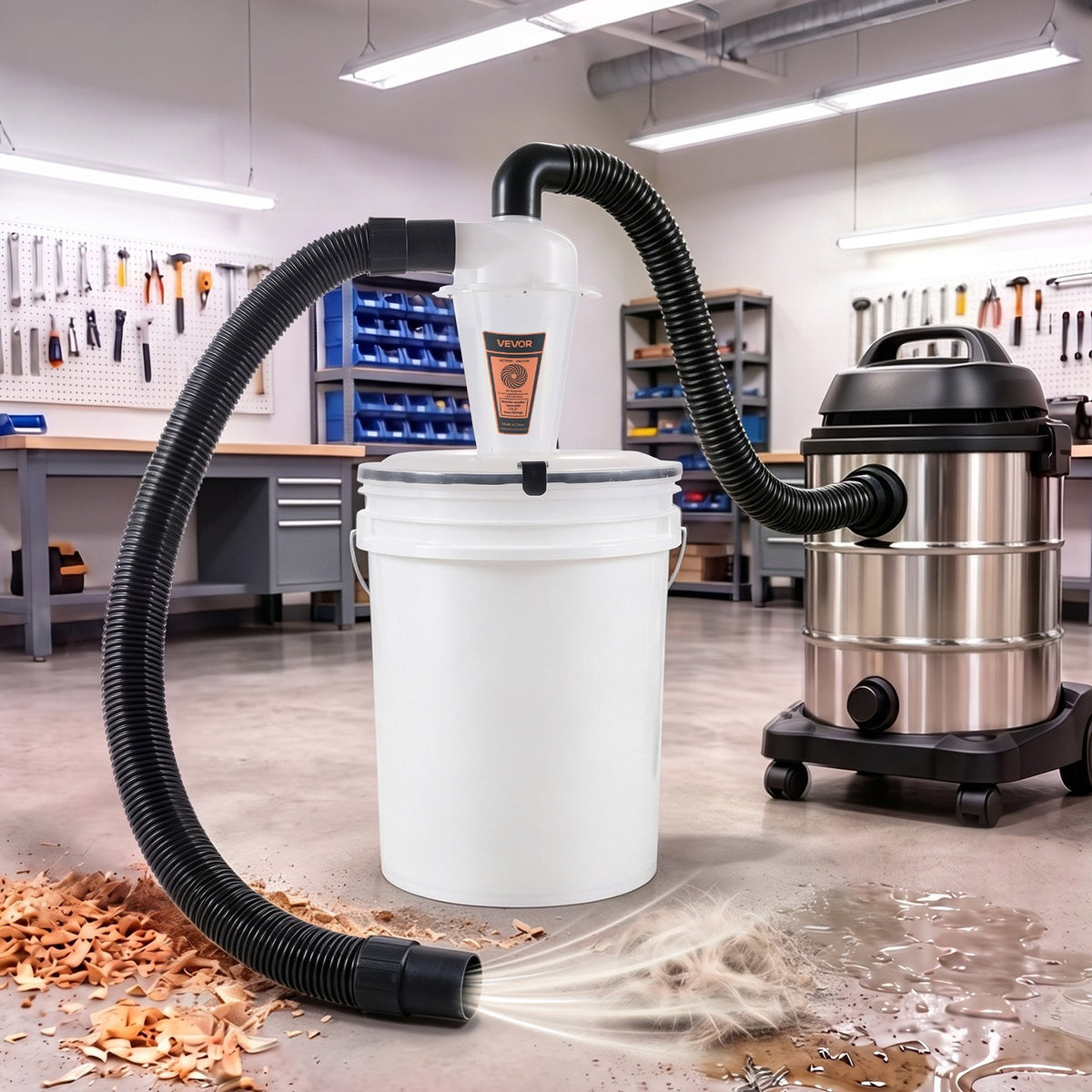 VEVOR ciklona putekļu separators putekļsūcējam, 50,8 mm, caurspīdīgs PP, ar leņķa adapteri un blīvēšanas paliktni, bez tvertnes
