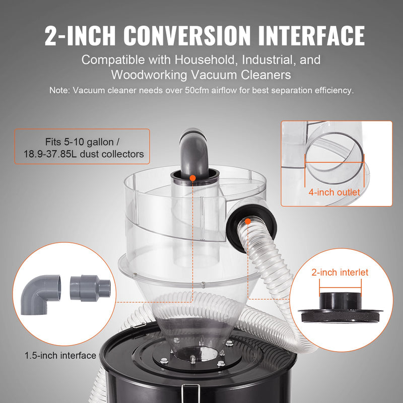 VEVOR cikona putekļu separators, 10,16 cm modernizējams cikona separators putekļu savācējiem, ABS putekļu atdalītājs ar 5,08 cm ārējā diametra savienotāju un šļūteni mitrās/sausās tīrīšanas putekļsūcējiem, piemērots 18,9–37,85 l tvertnei