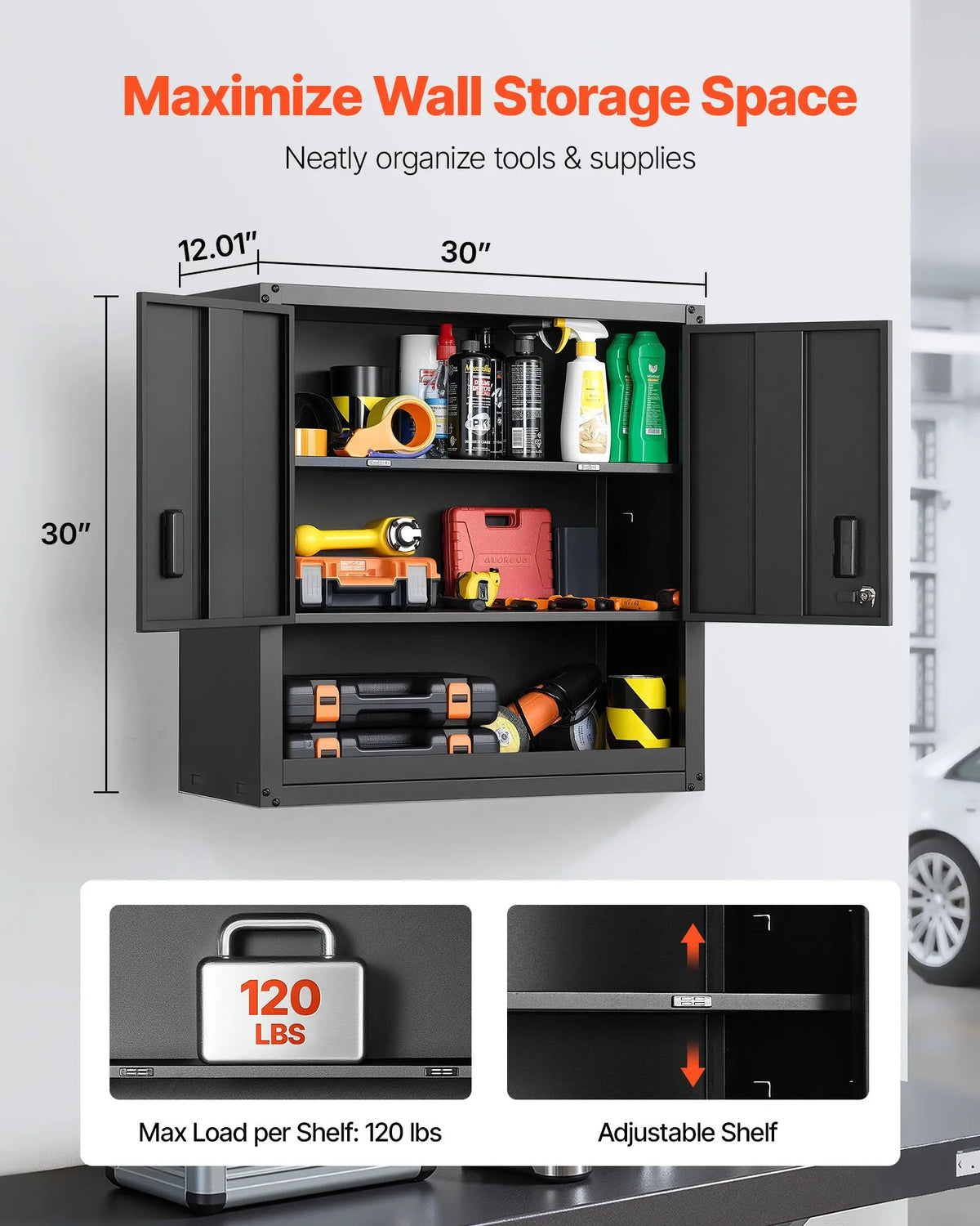 VEVORi metallist seinakapp 762 × 305 × 762 mm, terasest riputatav hoiukapp lukustatavate ustega ja reguleeritavate riiulitega garaažile, keldrile, köögile, töökojale ja laole, must.