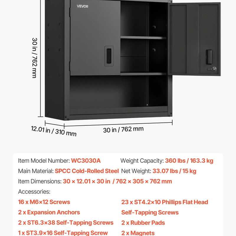 VEVOR metāla sienas skapis 762 × 305 × 762 mm, tērauda piekaramais uzglabāšanas skapis ar slēdzamām durvīm un regulējamu plauktu garāžai, pagrabam, virtuvei, darbnīcai un noliktavai, melns.
