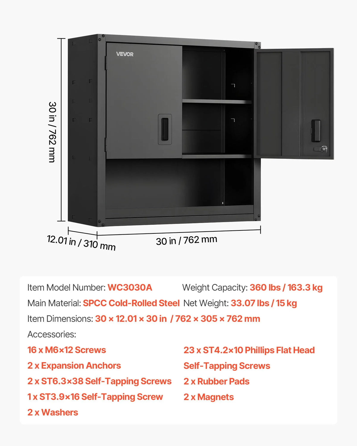 VEVORi metallist seinakapp 762 × 305 × 762 mm, terasest riputatav hoiukapp lukustatavate ustega ja reguleeritavate riiulitega garaažile, keldrile, köögile, töökojale ja laole, must.