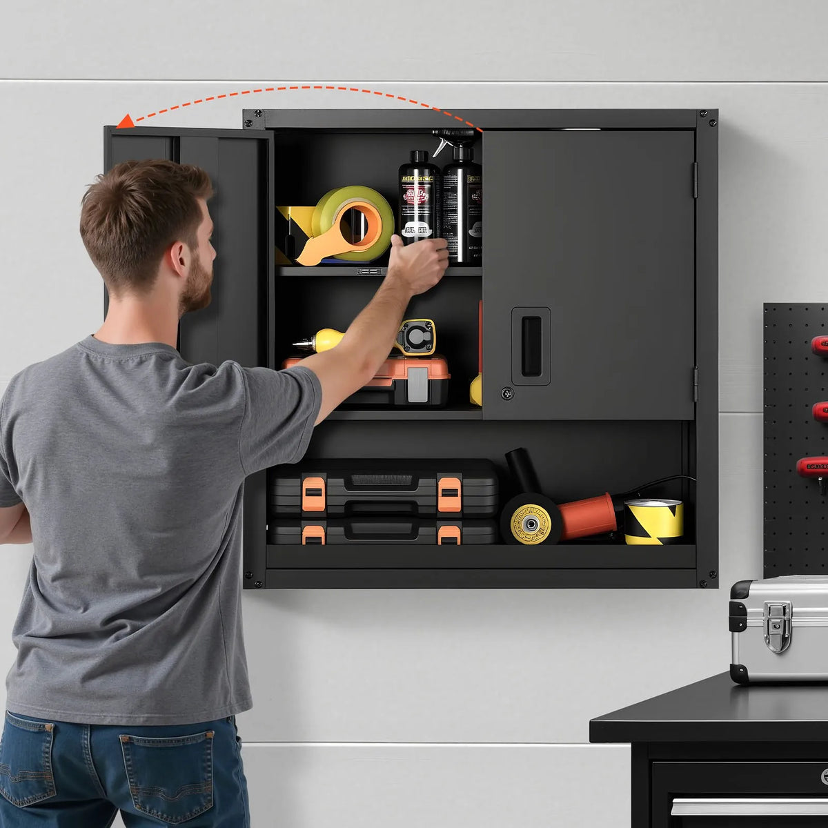 VEVORi metallist seinakapp 762 × 305 × 762 mm, terasest riputatav hoiukapp lukustatavate ustega ja reguleeritavate riiulitega garaažile, keldrile, köögile, töökojale ja laole, must.