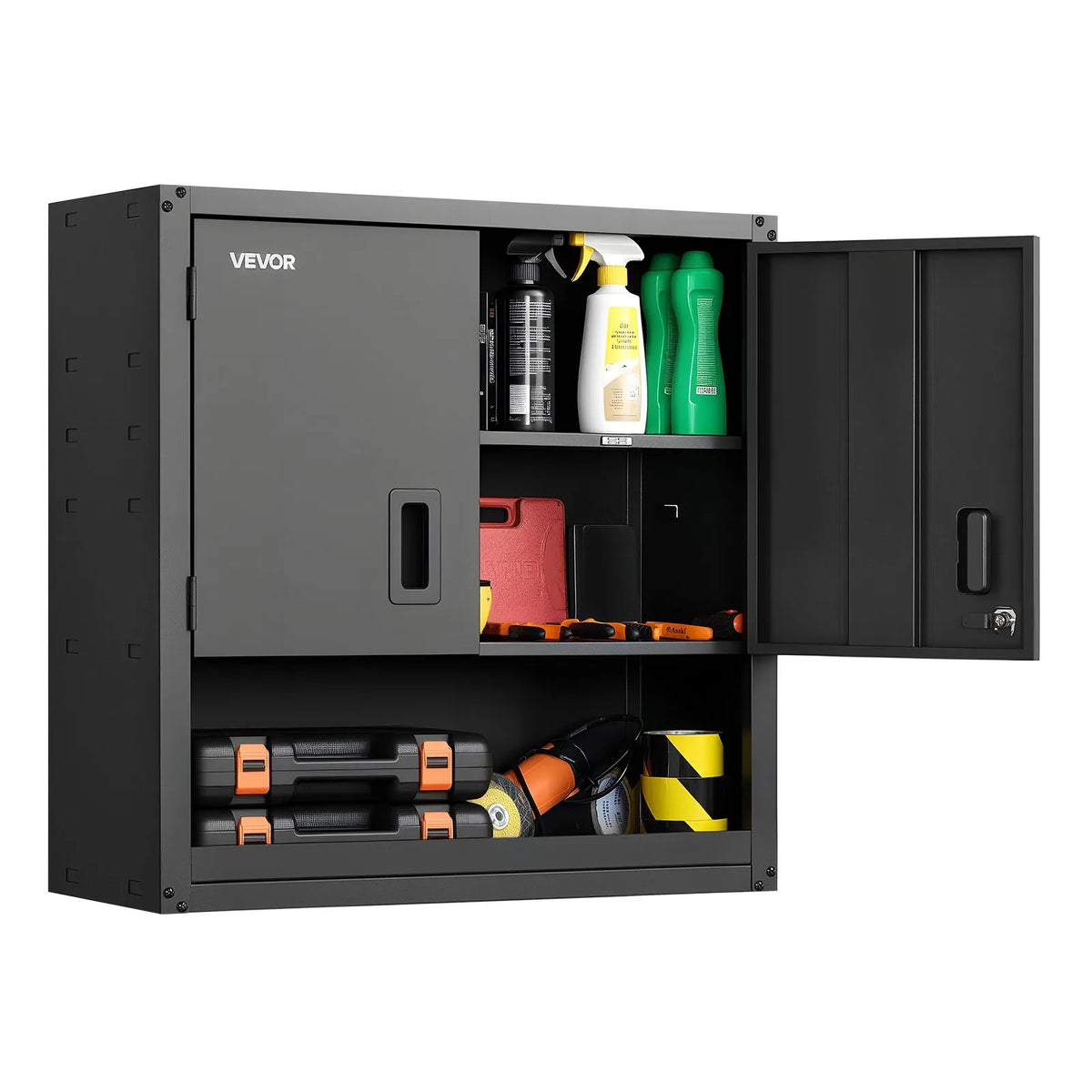 VEVORi metallist seinakapp 762 × 305 × 762 mm, terasest riputatav hoiukapp lukustatavate ustega ja reguleeritavate riiulitega garaažile, keldrile, köögile, töökojale ja laole, must.