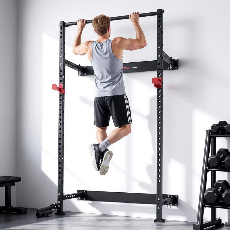 VEVOR salokāms spēka rāmis, pie sienas stiprināms pietupienu rāmis mājas sporta zālei ar landmine turētāju, regulējamiem J veida āķiem un pievilkšanās stieni, slodze līdz 545 kg - ZEMLETES.LV