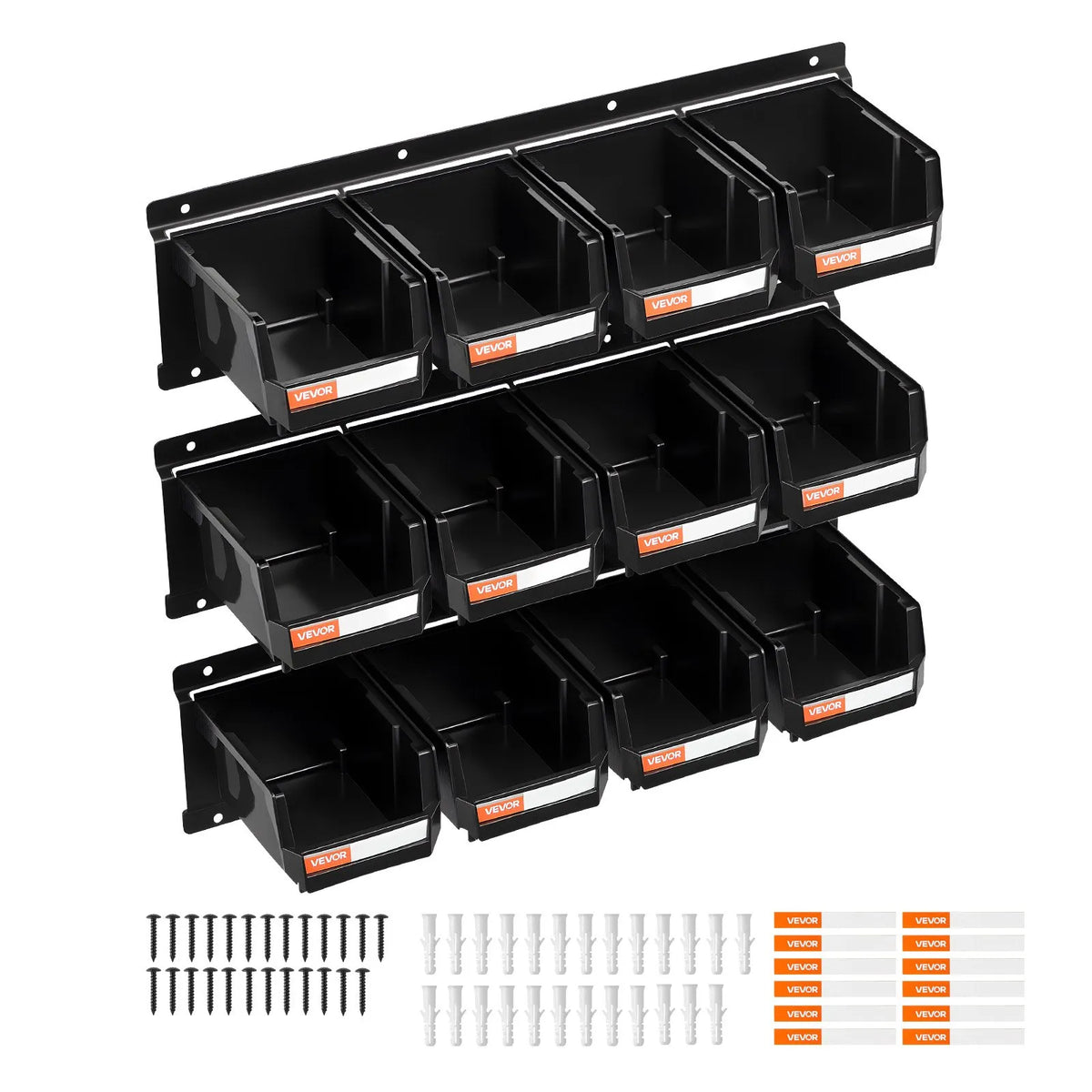 VEVOR sienas uzglabāšanas konteineru komplekts ar 12 plastmasas kastēm un 3 metāla sliedēm, piekarināmas un sakraujamas organizēšanas kastes skrūvēm, uzgriežņiem, skrūvēm, naglām un instrumentiem darbnīcai, hobiju telpai un garāžai, melns - ZEMLETES.LV