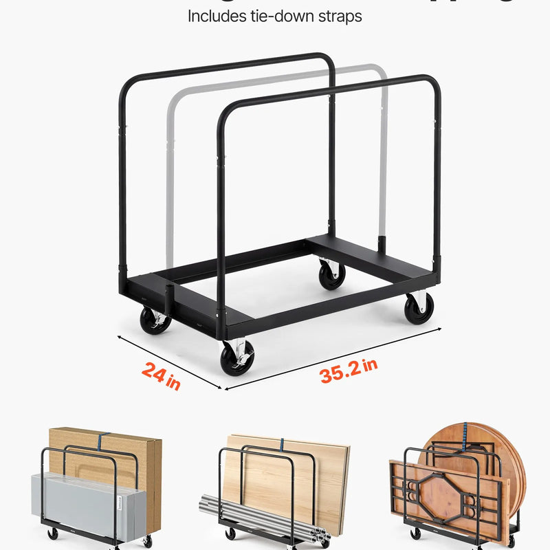 VEVOR paneļu transportēšanas ratiņi līdz 816 kg ar 4 grozāmiem riteņiem, tērauda konstrukcija ar 3 sānu margām un stiprinājuma siksnu, piemēroti noliktavām, darbnīcām un būvlaukumiem, melni - ZEMLETES.LV