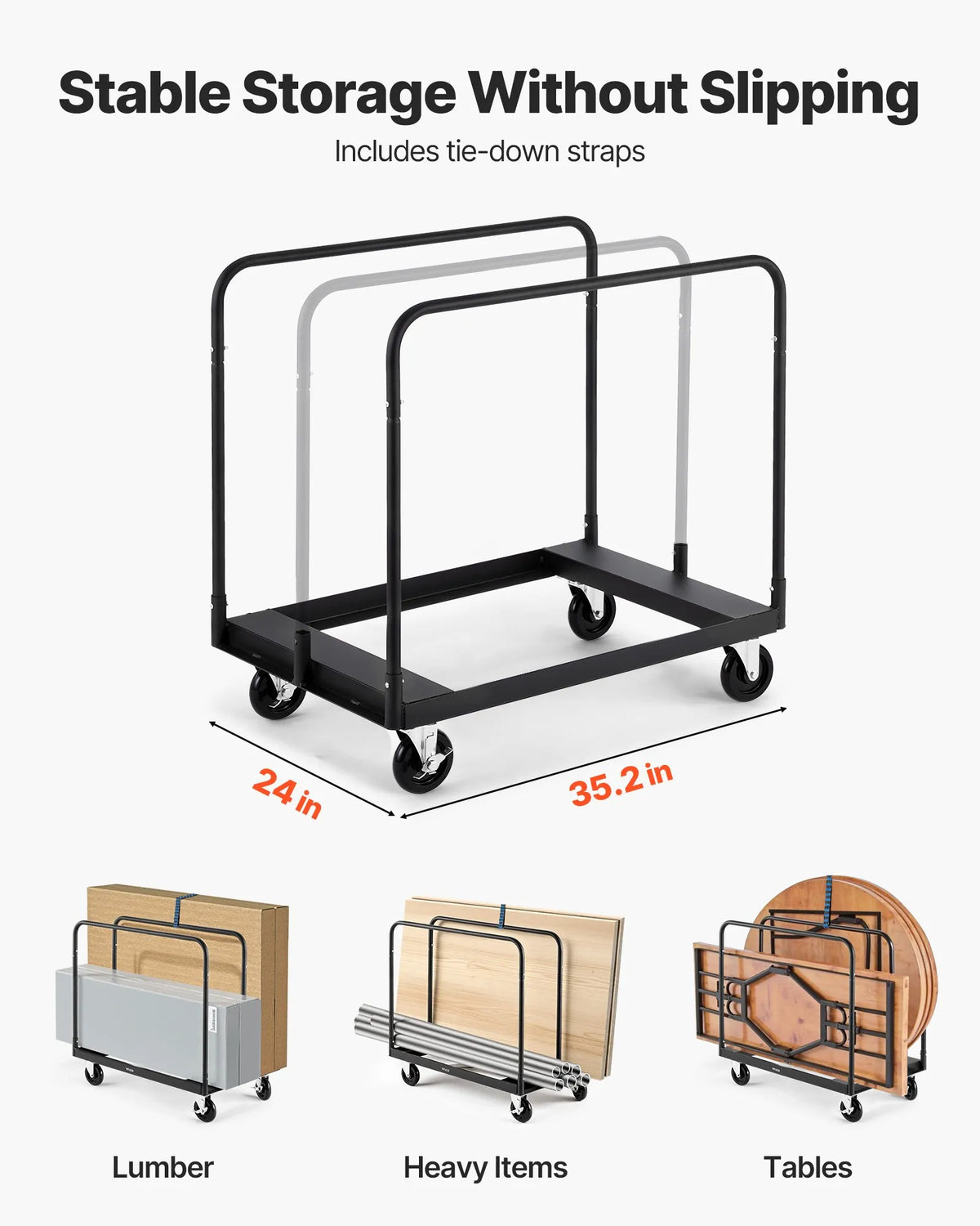 VEVOR paneļu transportēšanas ratiņi līdz 816 kg ar 4 grozāmiem riteņiem, tērauda konstrukcija ar 3 sānu margām un stiprinājuma siksnu, piemēroti noliktavām, darbnīcām un būvlaukumiem, melni - ZEMLETES.LV