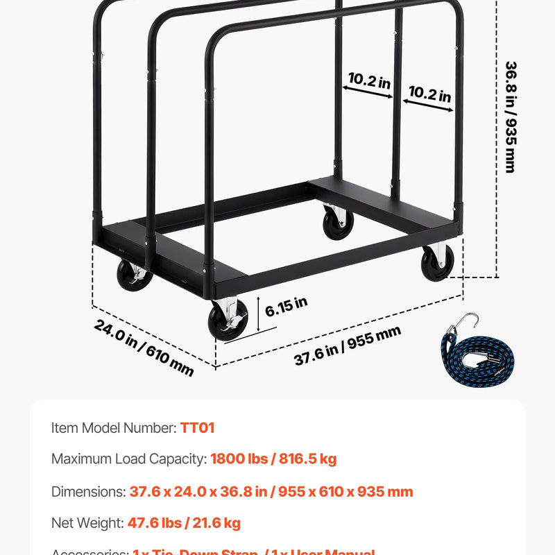 VEVOR paneļu transportēšanas ratiņi līdz 816 kg ar 4 grozāmiem riteņiem, tērauda konstrukcija ar 3 sānu margām un stiprinājuma siksnu, piemēroti noliktavām, darbnīcām un būvlaukumiem, melni - ZEMLETES.LV