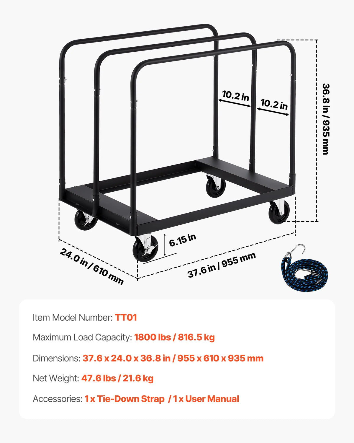 VEVOR paneļu transportēšanas ratiņi līdz 816 kg ar 4 grozāmiem riteņiem, tērauda konstrukcija ar 3 sānu margām un stiprinājuma siksnu, piemēroti noliktavām, darbnīcām un būvlaukumiem, melni - ZEMLETES.LV