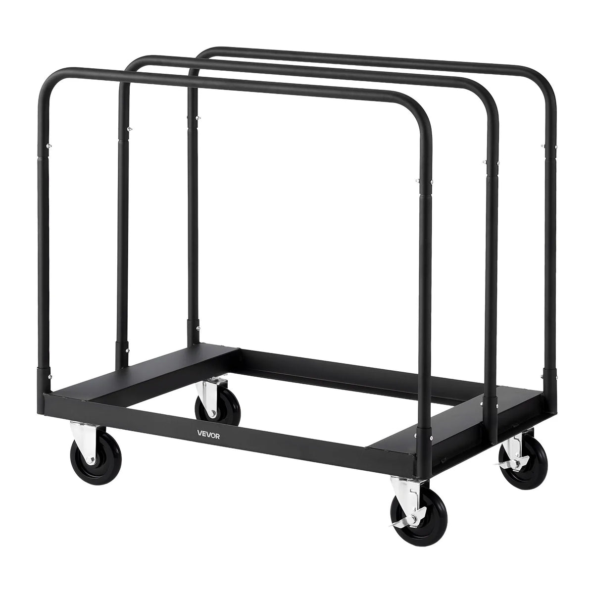 VEVOR paneļu transportēšanas ratiņi līdz 816 kg ar 4 grozāmiem riteņiem, tērauda konstrukcija ar 3 sānu margām un stiprinājuma siksnu, piemēroti noliktavām, darbnīcām un būvlaukumiem, melni - ZEMLETES.LV