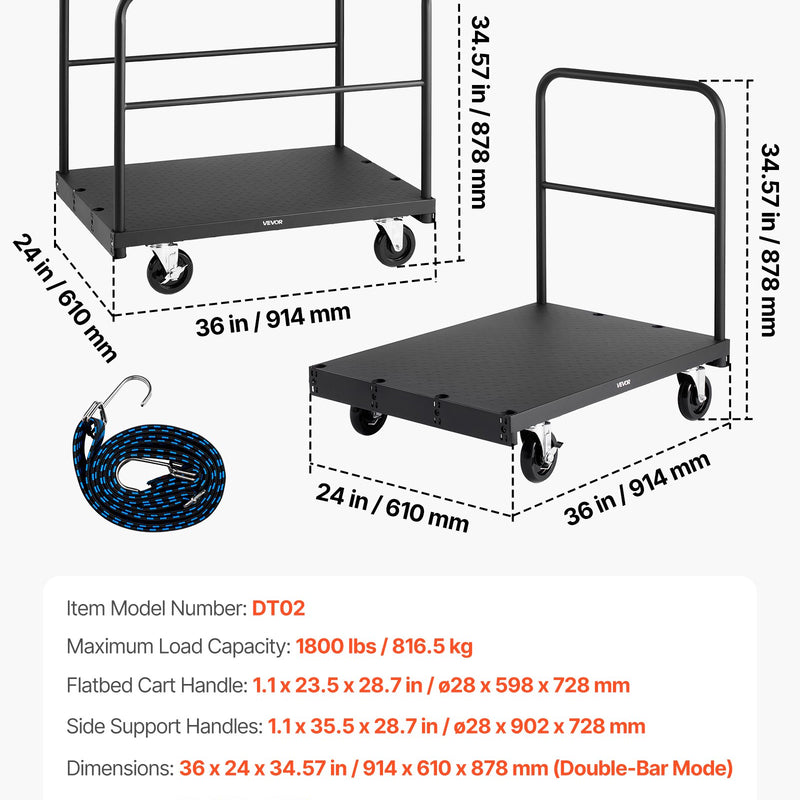 VEVOR 2 - in - 1 paneļu un platformas ratiņi līdz 816 kg, tērauda konstrukcija ar 3 sānu rokturiem un grozāmiem riteņiem, piemēroti noliktavām, darbnīcām un būvlaukumiem, melni - ZEMLETES.LV