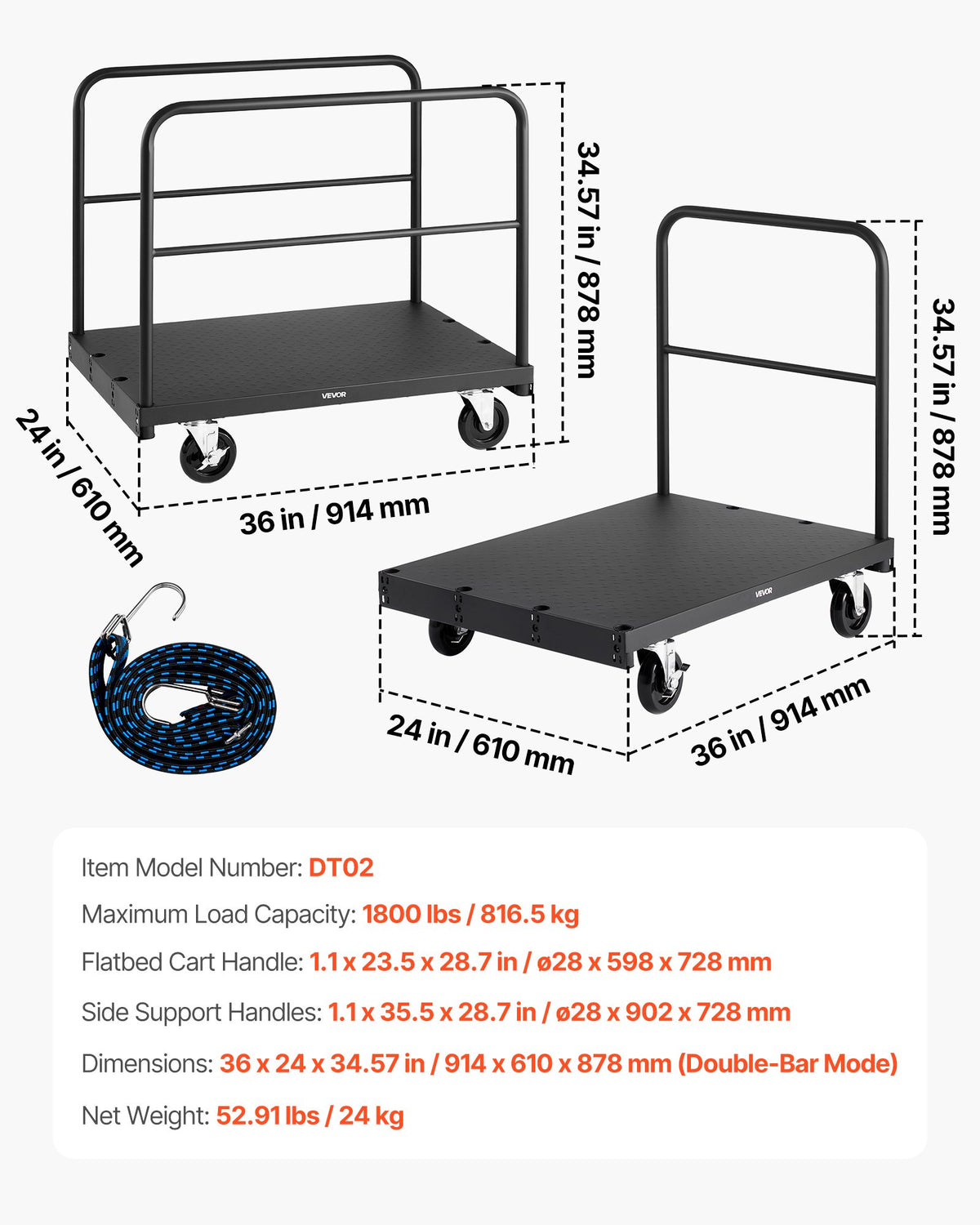 VEVOR 2 - in - 1 paneļu un platformas ratiņi līdz 816 kg, tērauda konstrukcija ar 3 sānu rokturiem un grozāmiem riteņiem, piemēroti noliktavām, darbnīcām un būvlaukumiem, melni - ZEMLETES.LV