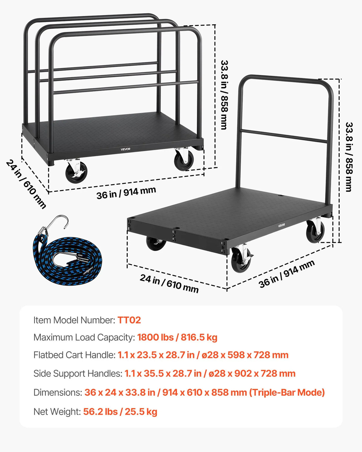 VEVOR 2 - in - 1 paneļu un platformas ratiņi līdz 816 kg, tērauda konstrukcija ar 4 sānu margām un grozāmiem riteņiem, piemēroti noliktavām, darbnīcām un būvlaukumiem, melni - ZEMLETES.LV