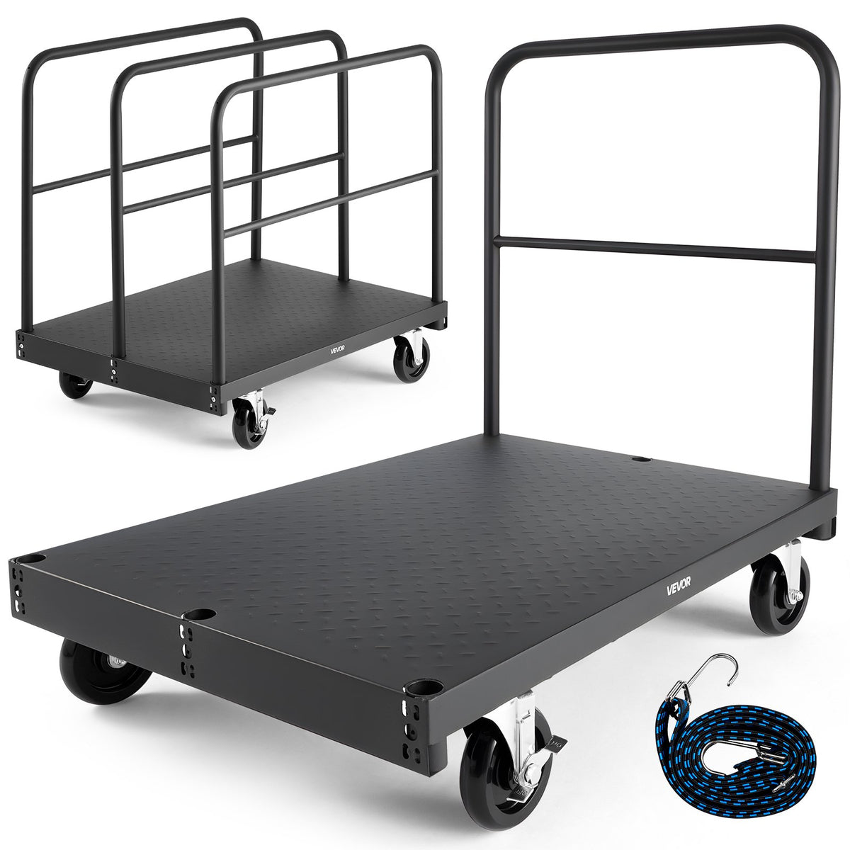 VEVOR 2 - in - 1 paneļu un platformas ratiņi līdz 816 kg, tērauda konstrukcija ar 4 sānu margām un grozāmiem riteņiem, piemēroti noliktavām, darbnīcām un būvlaukumiem, melni - ZEMLETES.LV