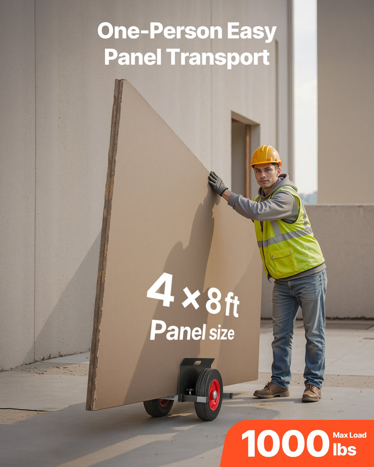VEVOR paneļu pārvietošanas ratiņi līdz 454 kg ar 25 cm gumijas riteņiem un regulējamu skavu, piemēroti ģipškartonam, durvīm, matračiem un metāla paneļiem, melni - ZEMLETES.LV