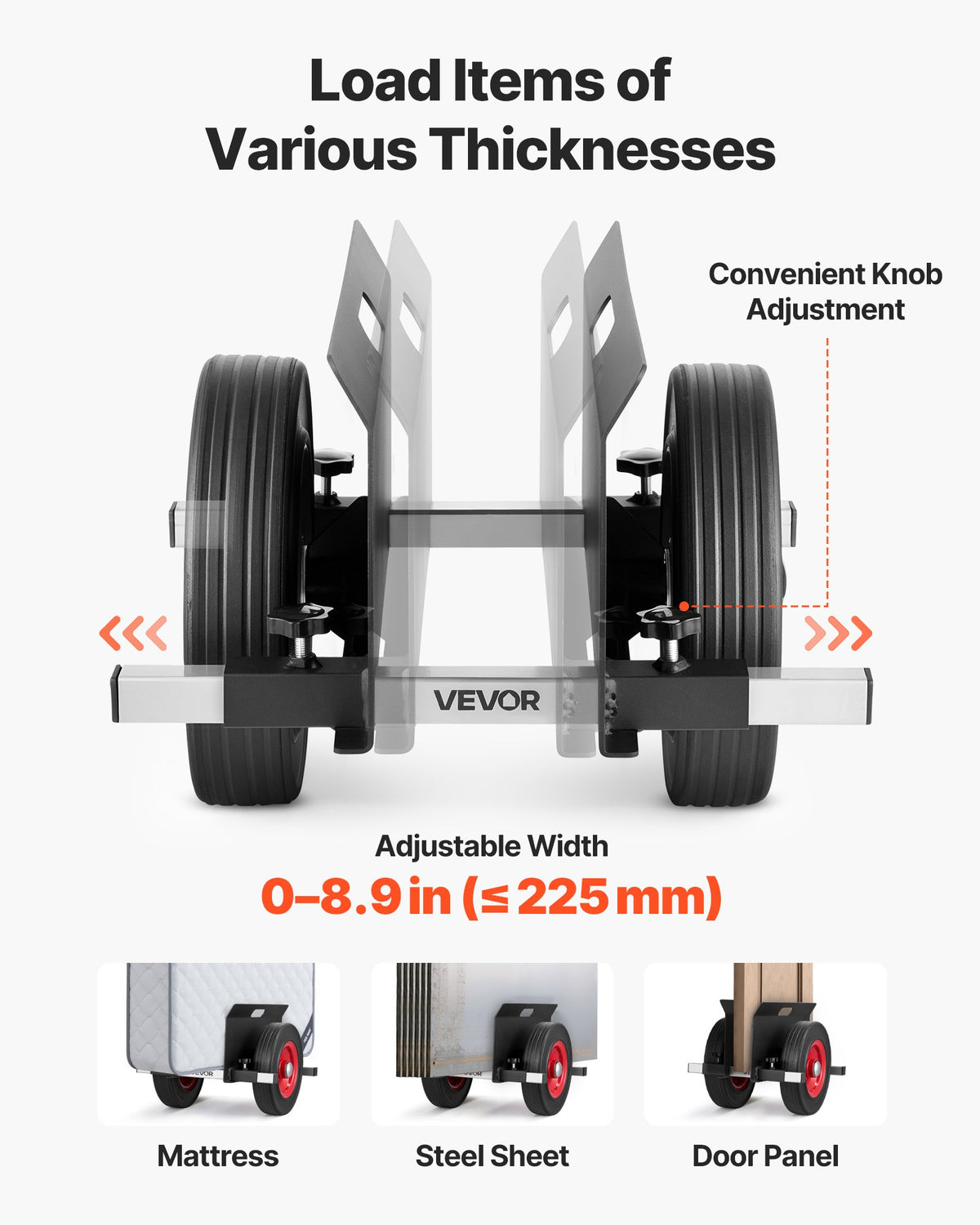 VEVOR paneļu pārvietošanas ratiņi līdz 454 kg ar 25 cm gumijas riteņiem un regulējamu skavu, piemēroti ģipškartonam, durvīm, matračiem un metāla paneļiem, melni - ZEMLETES.LV