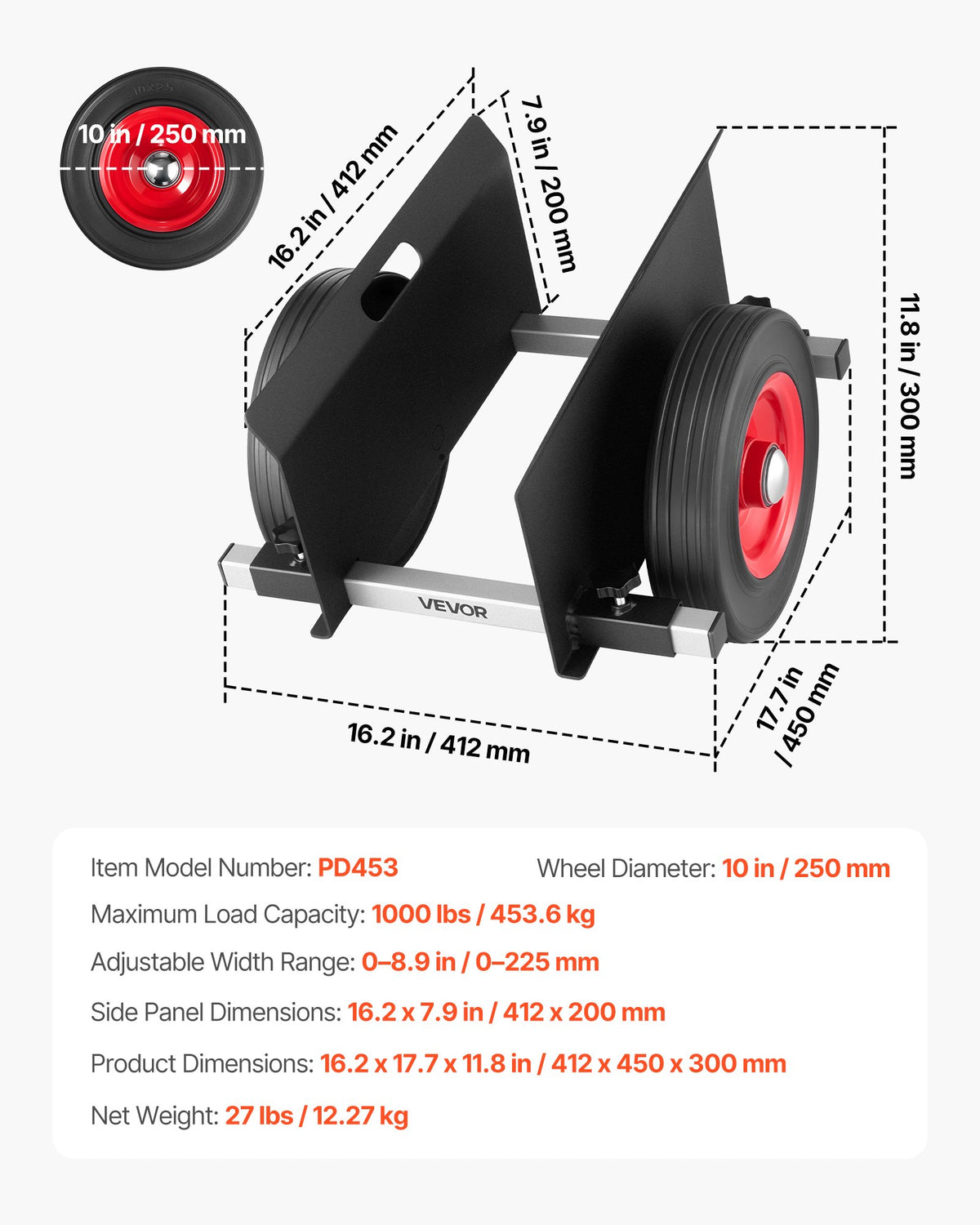 VEVOR paneļu pārvietošanas ratiņi līdz 454 kg ar 25 cm gumijas riteņiem un regulējamu skavu, piemēroti ģipškartonam, durvīm, matračiem un metāla paneļiem, melni - ZEMLETES.LV