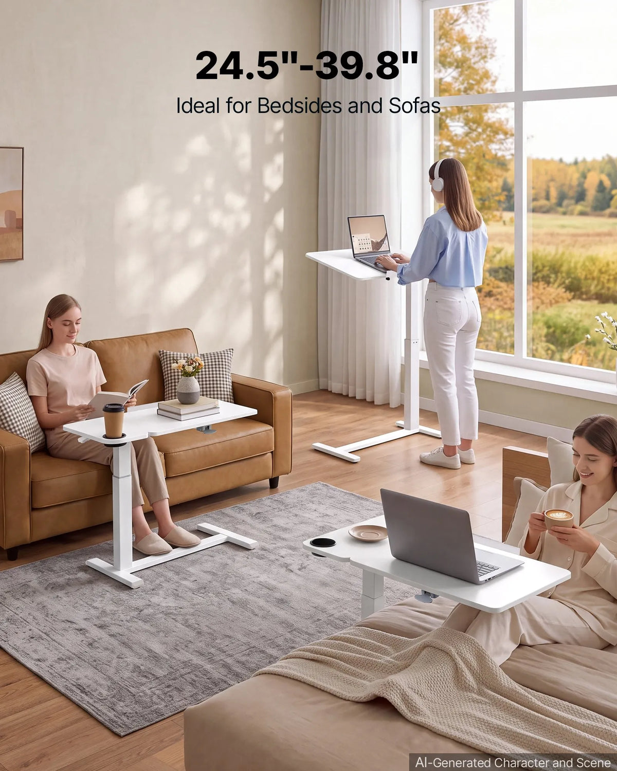 VEVOR mobilais virsgultas galds, 80 × 40 cm, balts, ar regulējamu augstumu, noliecamu galda virsmu un krūzes turētāju