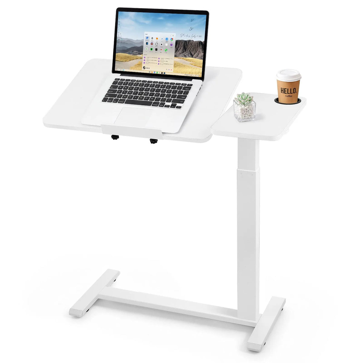 VEVOR mobilais virsgultas galds, 80 × 40 cm, balts, ar regulējamu augstumu, noliecamu galda virsmu un krūzes turētāju