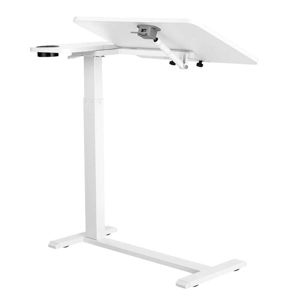 VEVOR mobilais virsgultas galds, 80 × 40 cm, balts, ar regulējamu augstumu, noliecamu galda virsmu un krūzes turētāju