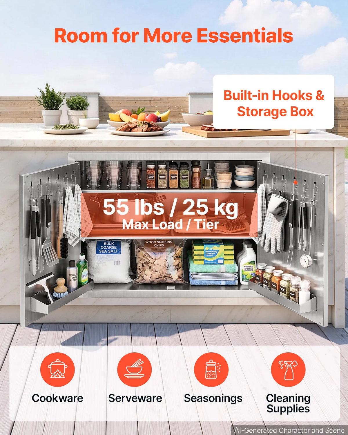 VEVOR āra virtuves skapītis grila salai ar 3 līmeņu uzglabāšanas vietu, rokturi, 76 × 52 × 52 cm, grilēšanas piederumu un virtuves piederumu glabāšanai